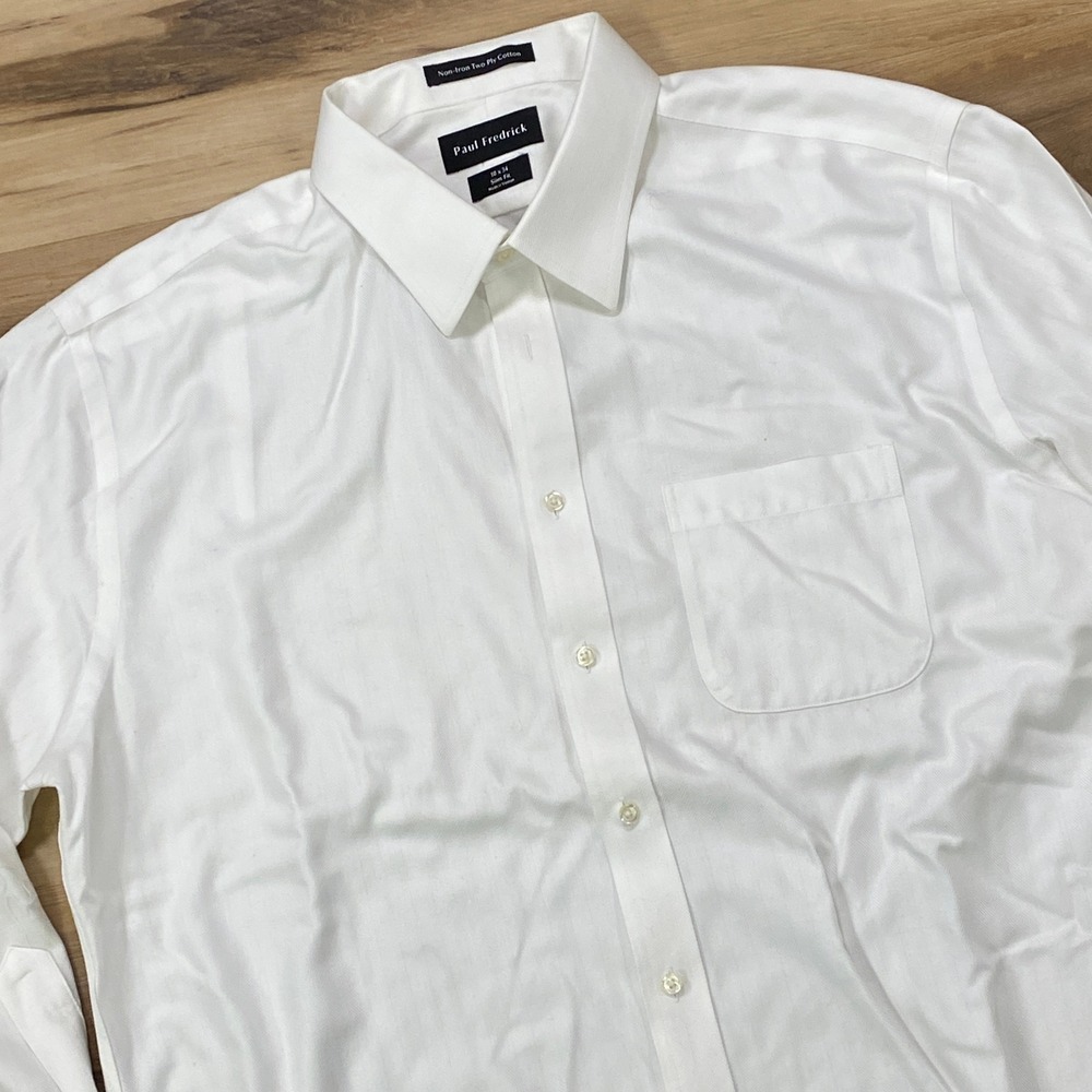 Paul Fredrick Dress Shirt 18x34 White Herringbone French Cuff Slim Fit Cotton